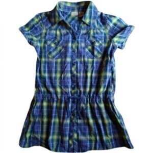 L.L.Bean Girls Blue Green Plaid Short Sleeve Tie Waist Shirt 14